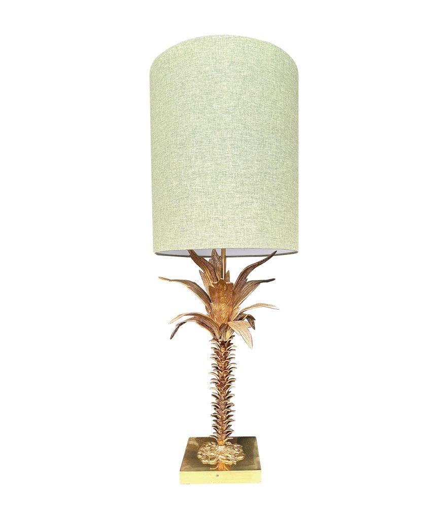Eine schöne große französische Palmenlampe aus den 1950er Jahren mit maßgeschneidertem grünem Leinenschirm im Angebot 6