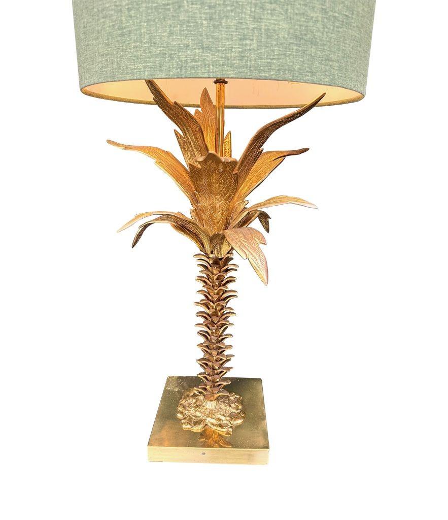 Eine schöne große französische Palmenlampe aus den 1950er Jahren mit maßgeschneidertem grünem Leinenschirm im Angebot 8