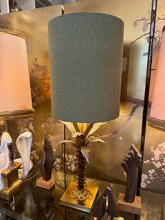 A lovely large French 1950s palm tree lamp with bespoke green linen shade