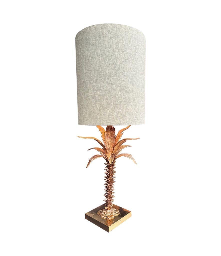 Eine schöne große französische Palmenlampe aus den 1950er Jahren mit maßgeschneidertem grünem Leinenschirm im Angebot 2