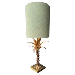 Preciosa lámpara francesa grande de palmera de los años 50 con pantalla de lino verde a medida