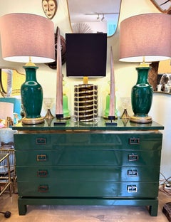 A lovely large pair of 1950s Italian crackle glaze green vase lamps