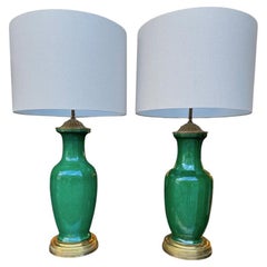 A lovely large pair of 1950s Italian crackle glaze green vase lamps