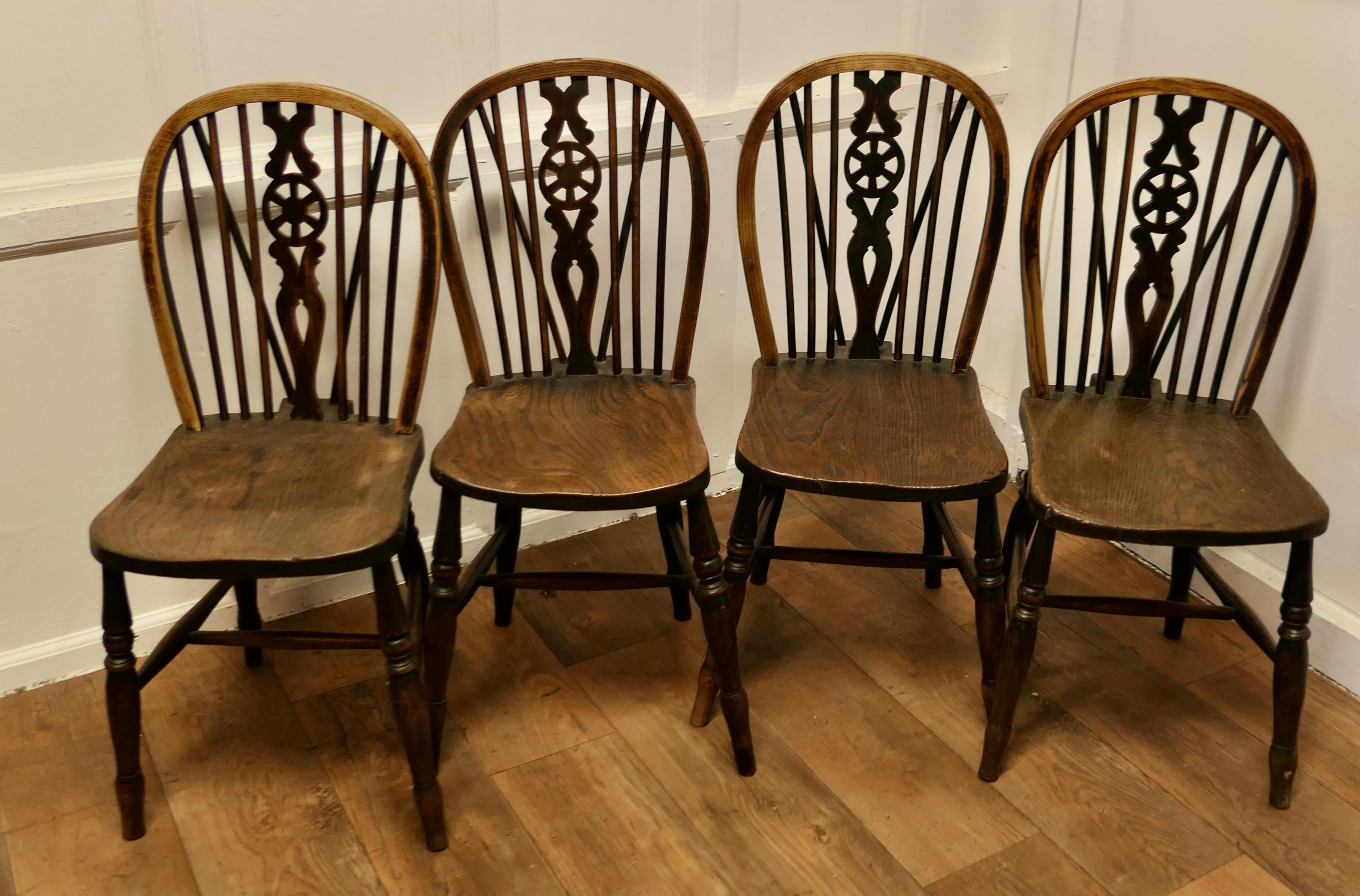 Late 19th Century A Lovely Old Set of 4 Ash & Elm Wheel Back Windsor Kitchen Chairs   