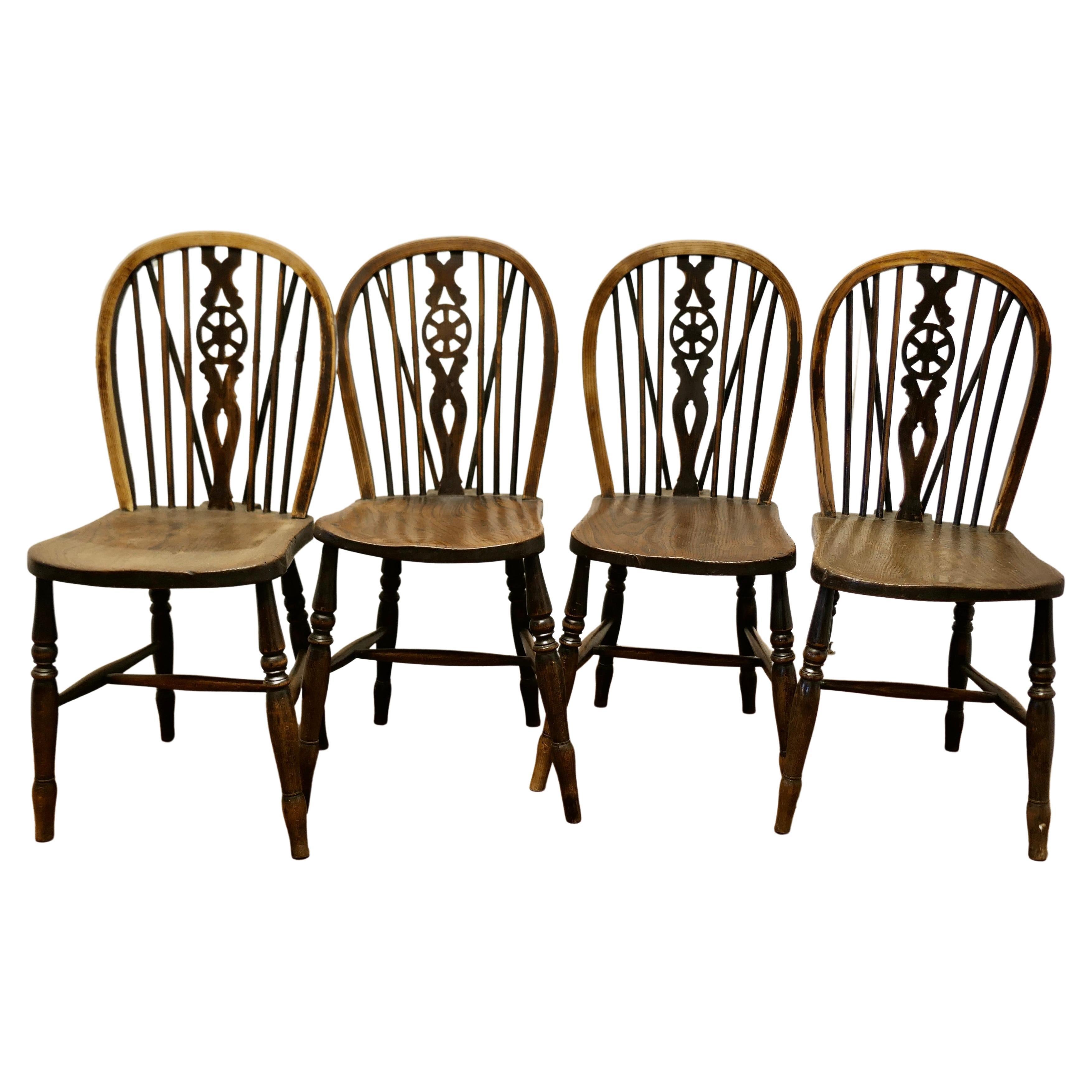 A Lovely Old Set of 4 Ash & Elm Wheel Back Windsor Kitchen Chairs   