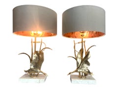 Lovely Pair of 1970s Brass Flying Duck Lamps on Travertine Bases by L. Galeotti