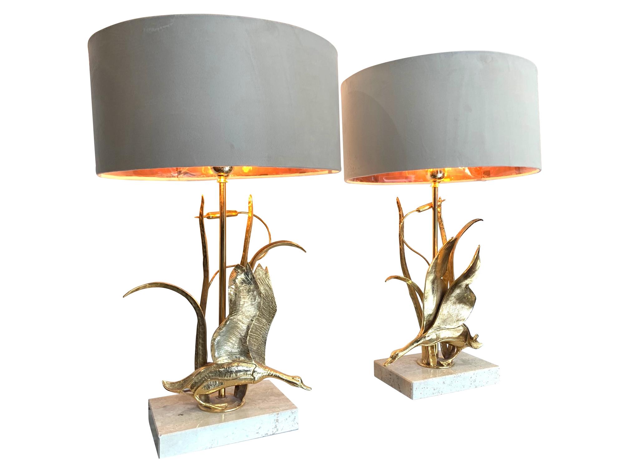 Mid-Century Modern Lovely Pair of 1970s Brass Flying Duck Lamps on Travertine Bases by L. Galeotti