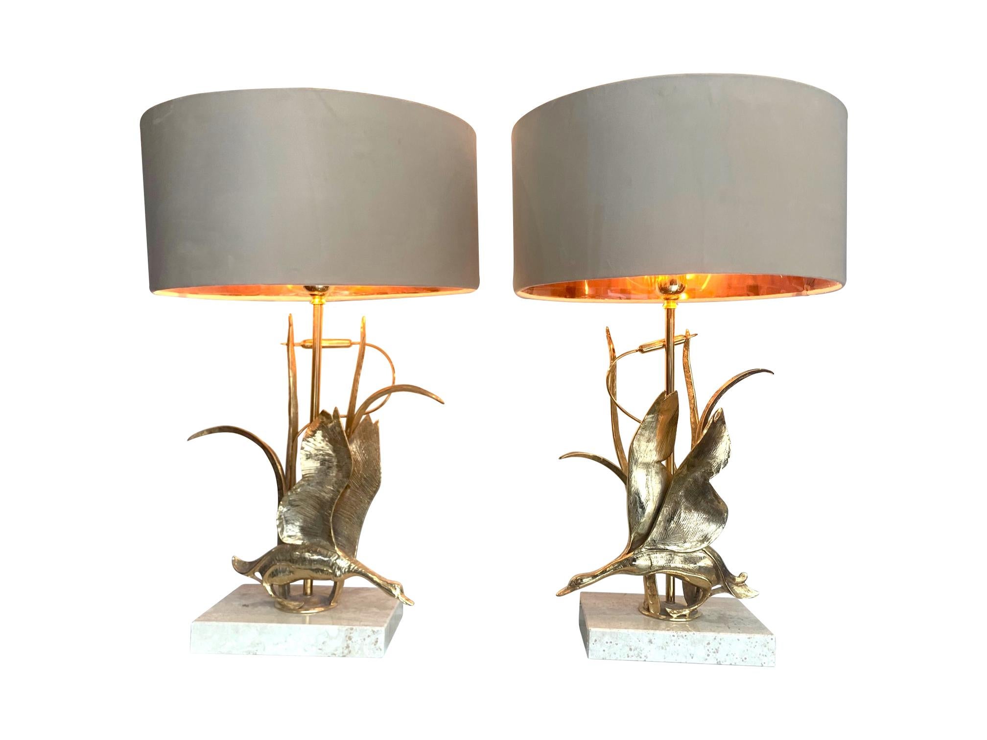 Italian Lovely Pair of 1970s Brass Flying Duck Lamps on Travertine Bases by L. Galeotti