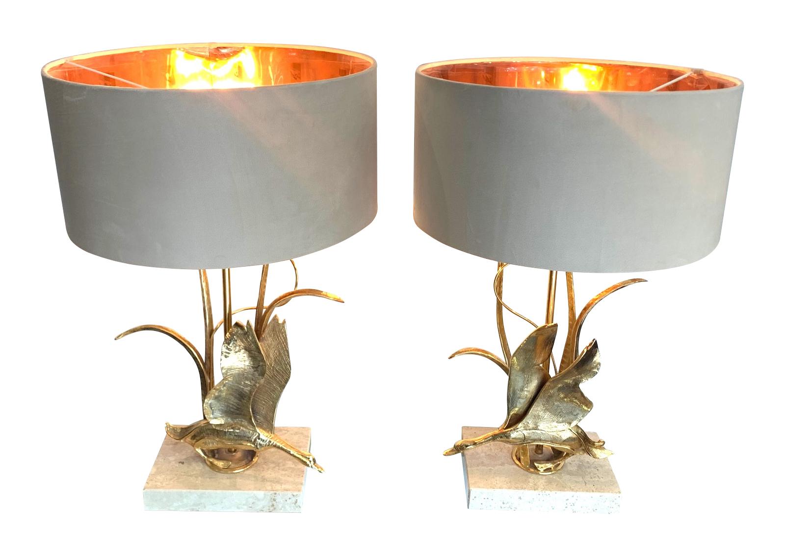 Late 20th Century Lovely Pair of 1970s Brass Flying Duck Lamps on Travertine Bases by L. Galeotti