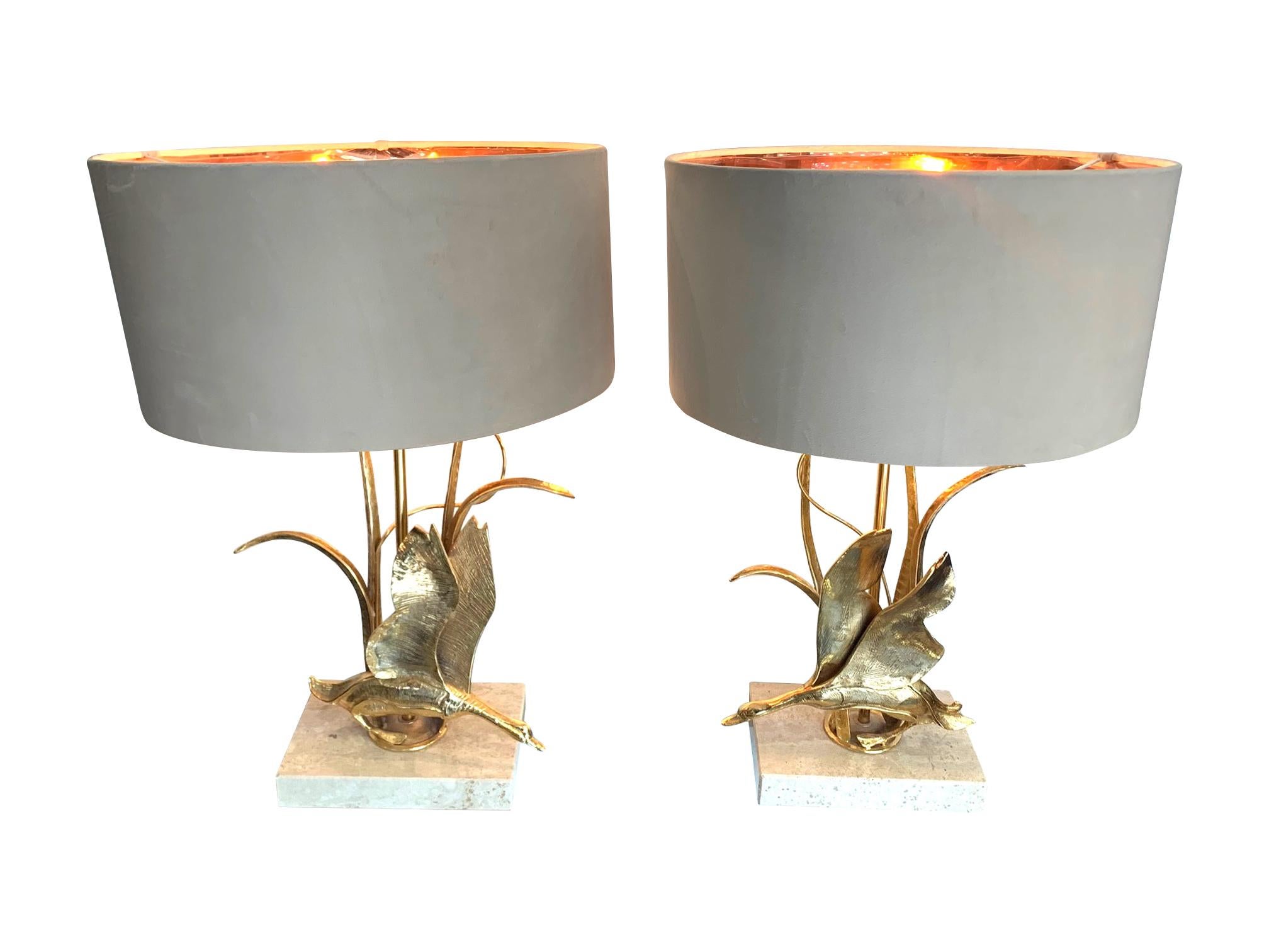 Lovely Pair of 1970s Brass Flying Duck Lamps on Travertine Bases by L. Galeotti 1