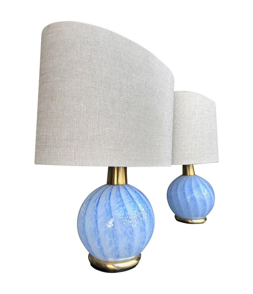 Italian A lovely pair of 1960s blue Murano glass and brass lamps by La Murrina For Sale