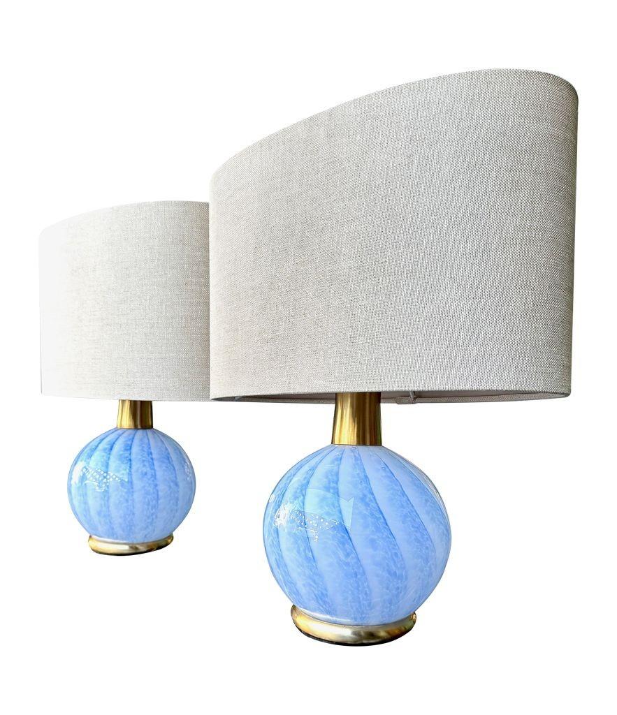Late 20th Century A lovely pair of 1960s blue Murano glass and brass lamps by La Murrina For Sale