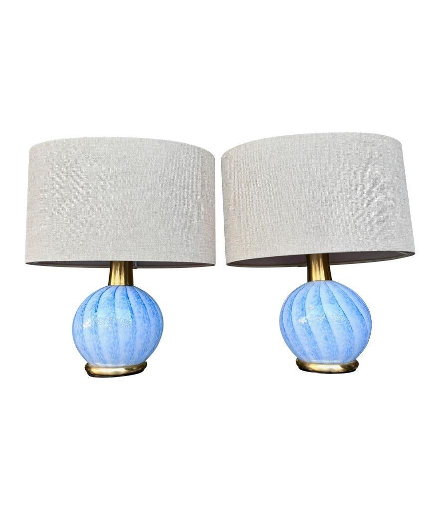 A lovely pair of 1960s blue Murano glass and brass lamps by La Murrina For Sale 1
