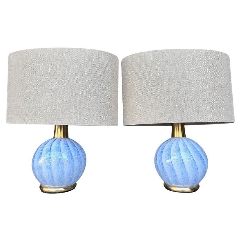 A lovely pair of 1960s blue Murano glass and brass lamps by La Murrina For Sale