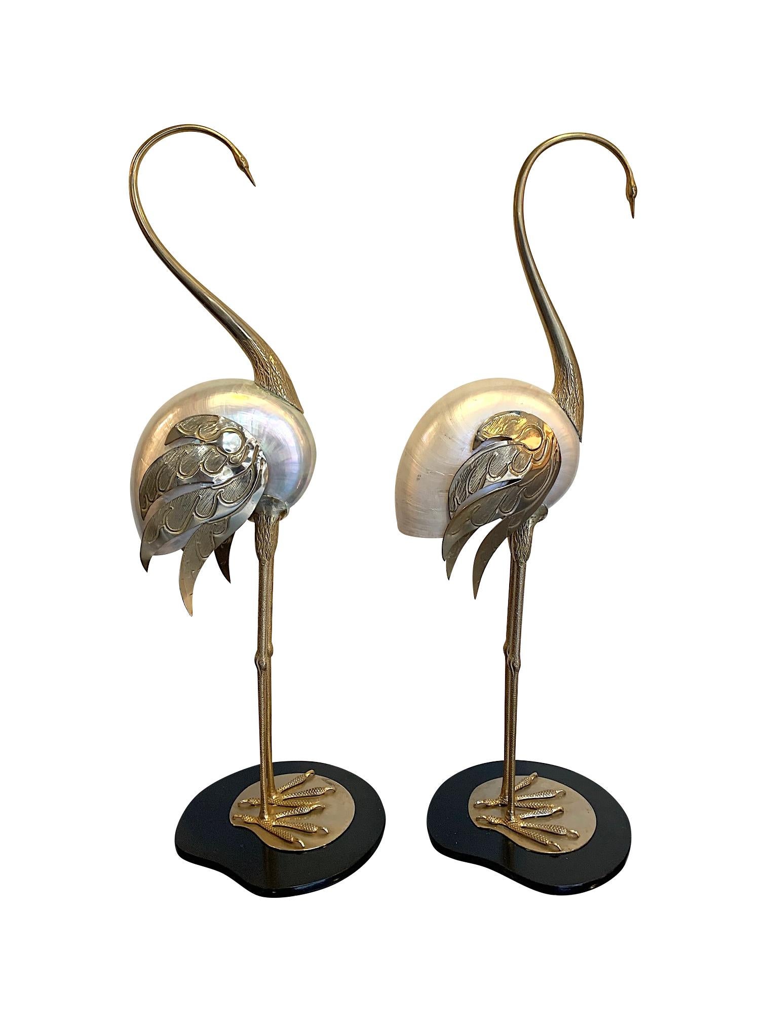 Lovely Pair of 1970s Brass and Real Nautilus Shell Flamingos by Antonio Pavia 4