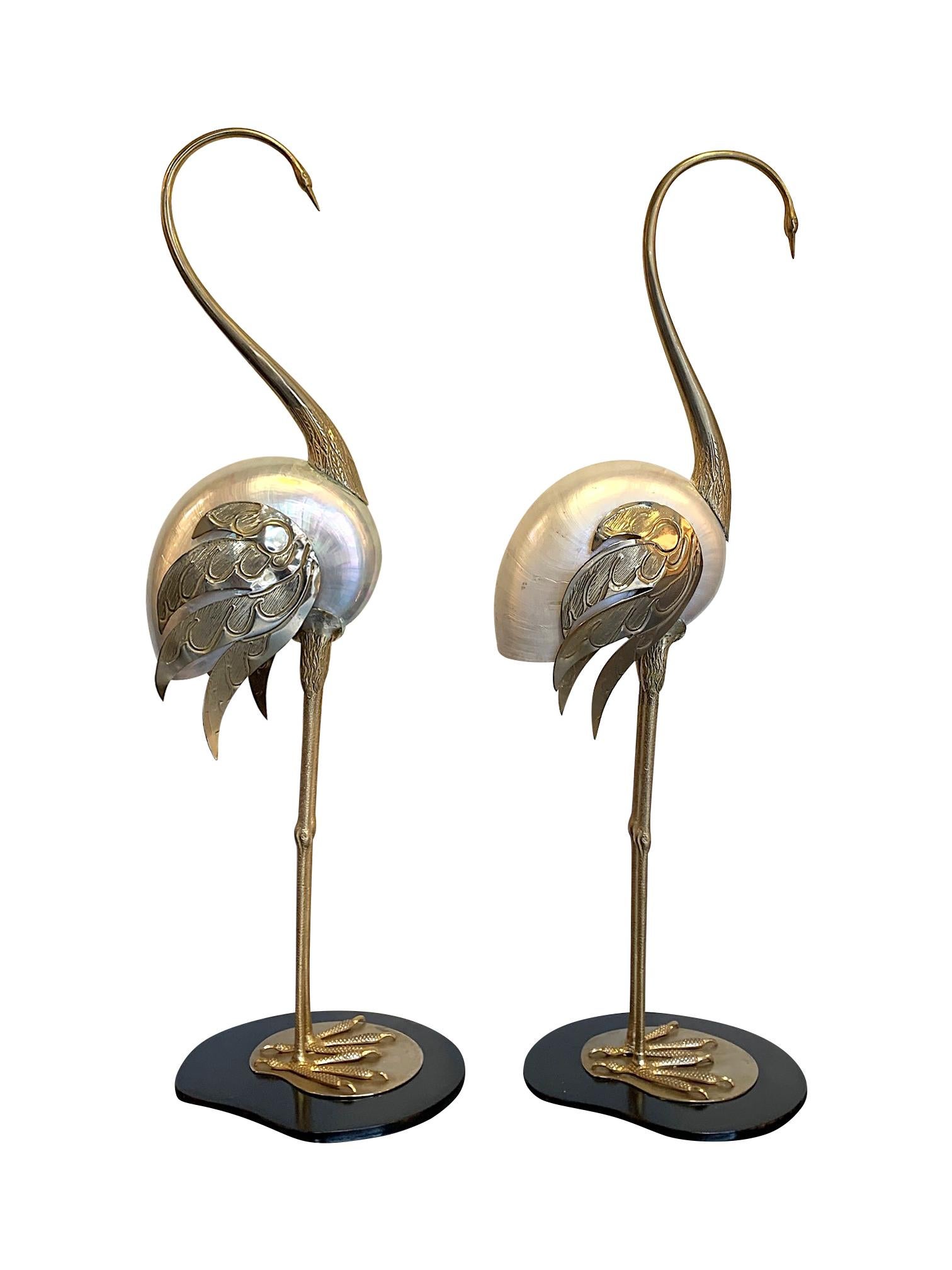 Mid-Century Modern Lovely Pair of 1970s Brass and Real Nautilus Shell Flamingos by Antonio Pavia