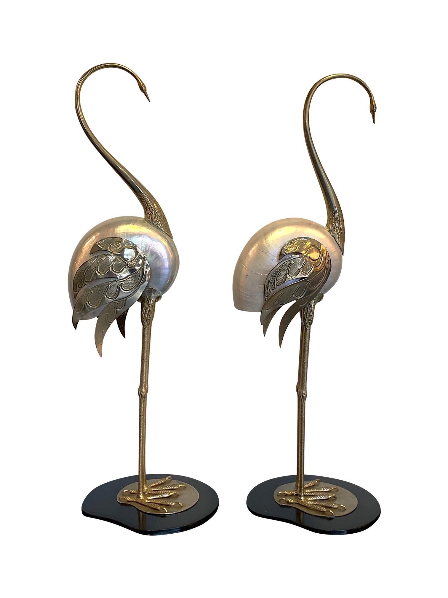 Late 20th Century Lovely Pair of 1970s Brass and Real Nautilus Shell Flamingos by Antonio Pavia