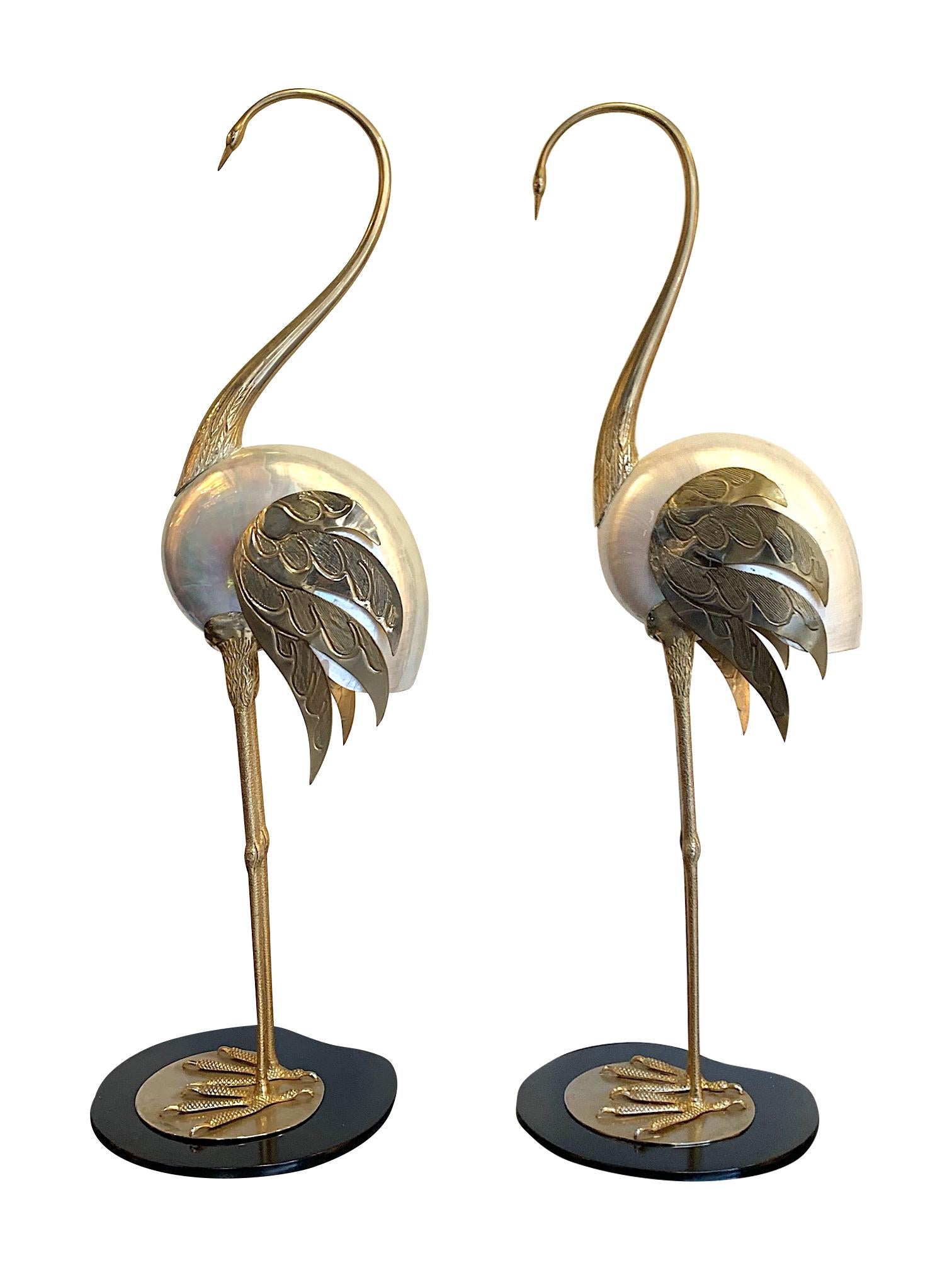 Lovely Pair of 1970s Brass and Real Nautilus Shell Flamingos by Antonio Pavia 1