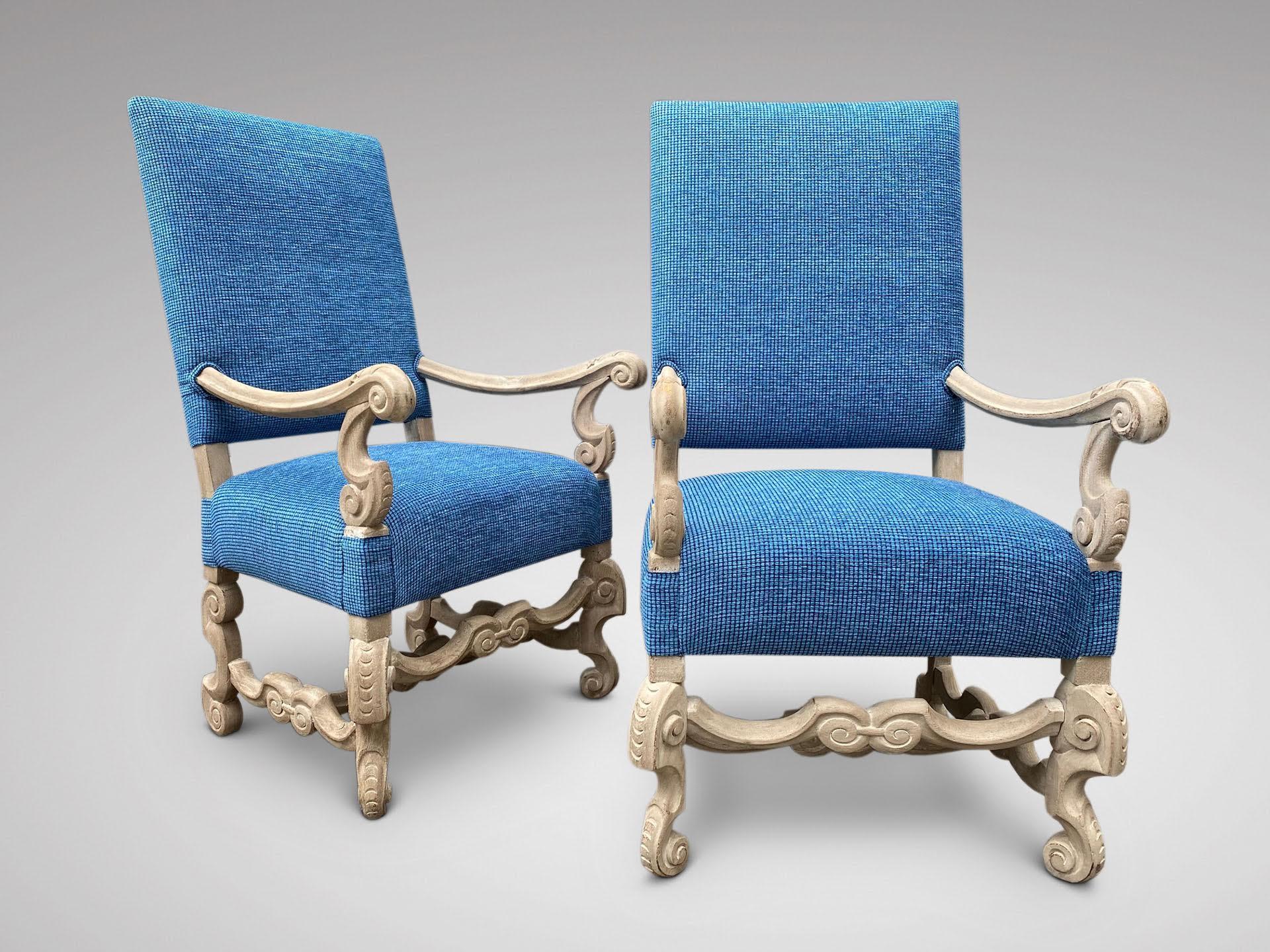 Lovely Pair of 19th Century Antique Dutch Carved and Reupholstered Armchairs For Sale 1