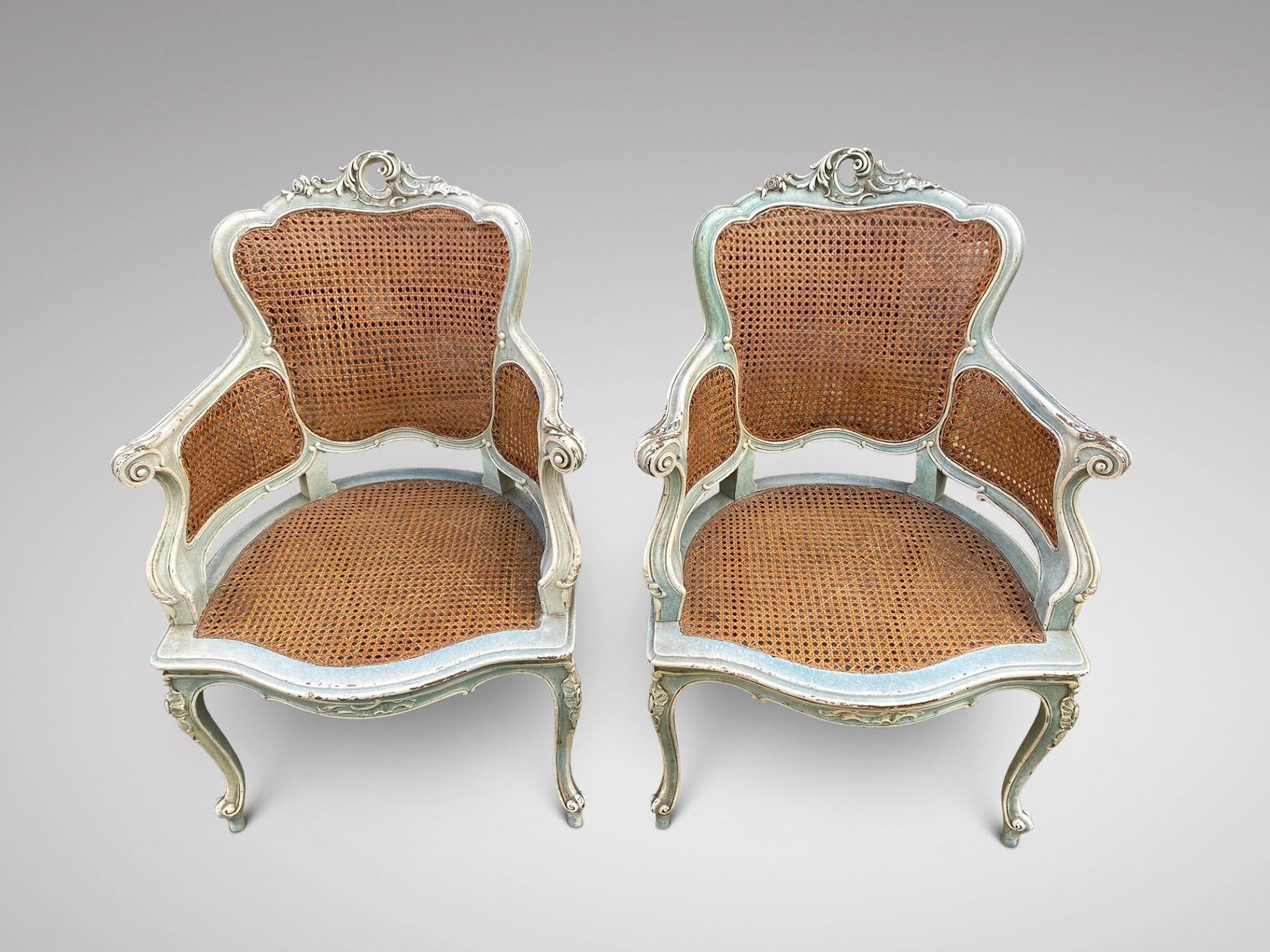 Louis XV Lovely Pair of 19th Century French Painted Armchairs with Cane Seating For Sale