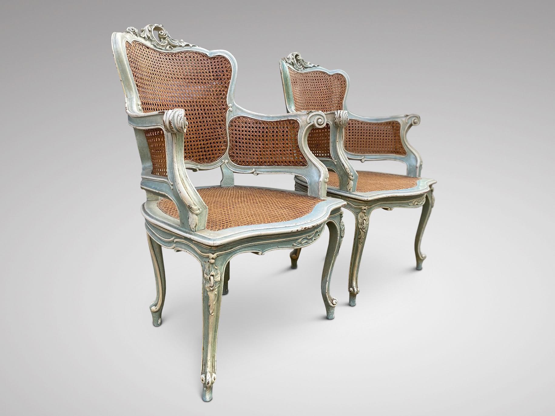 Caning Lovely Pair of 19th Century French Painted Armchairs with Cane Seating For Sale