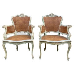 Lovely Pair of 19th Century French Painted Armchairs with Cane Seating
