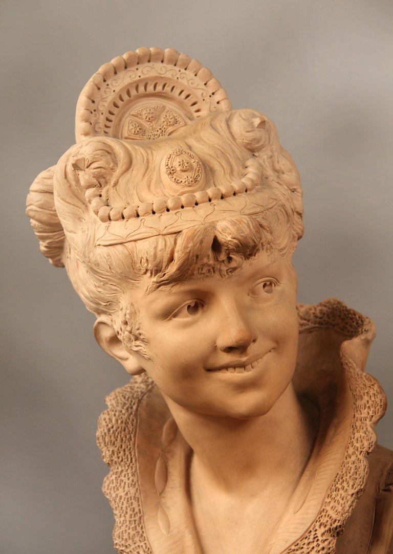 Lovely Pair of 19th Century Terracotta Busts of Beautiful Girls by Lavergne For Sale at 1stDibs