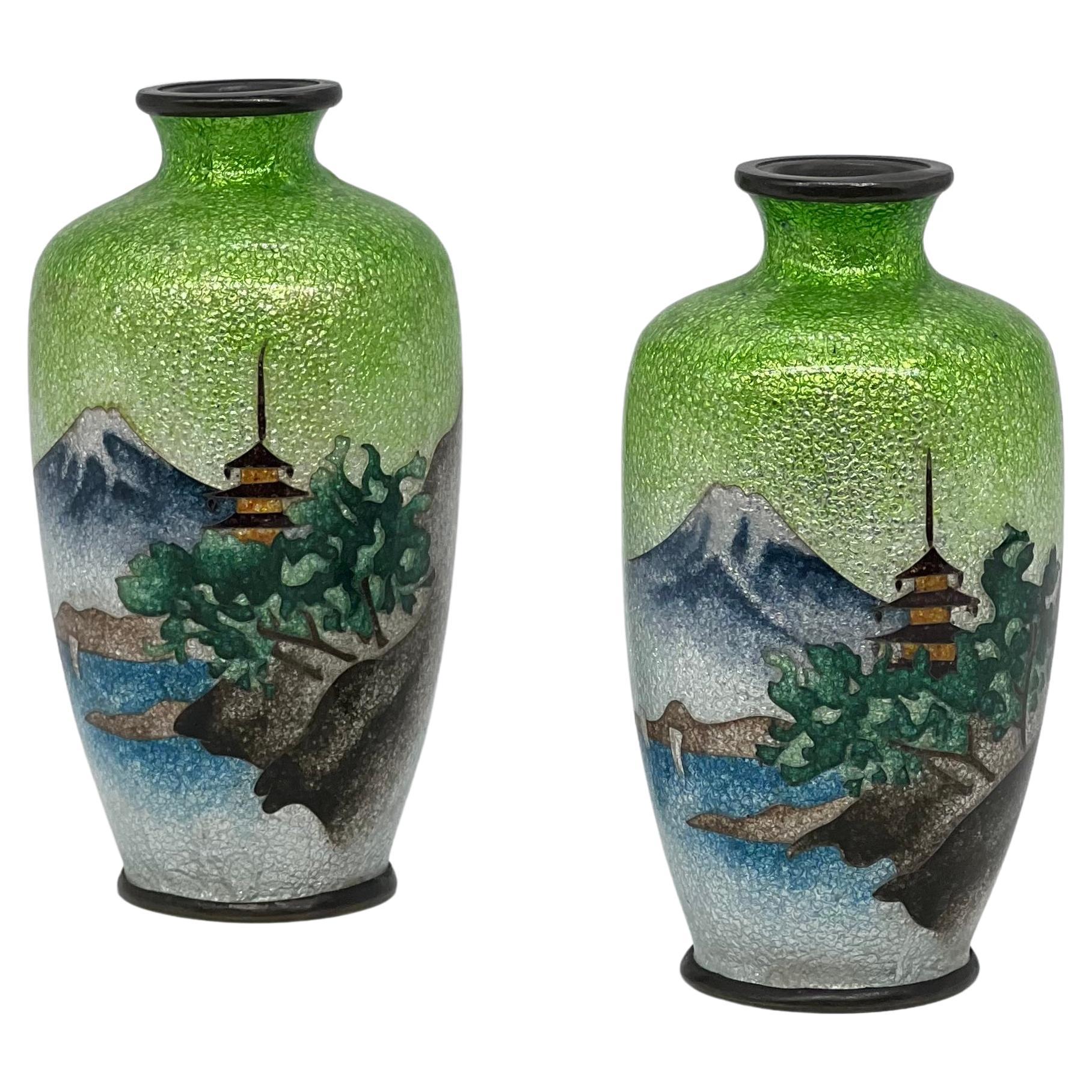 Lovely Pair of Antique Meiji Period Japanese Ginbari Cloisonne Vases, 19th C