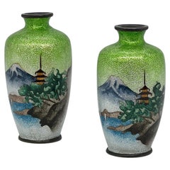 Lovely Pair of Antique Meiji Period Japanese Ginbari Cloisonne Vases, 19th C