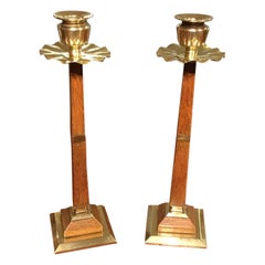 Lovely Pair of Arts & Crafts Period Oak and Brass Candlesticks