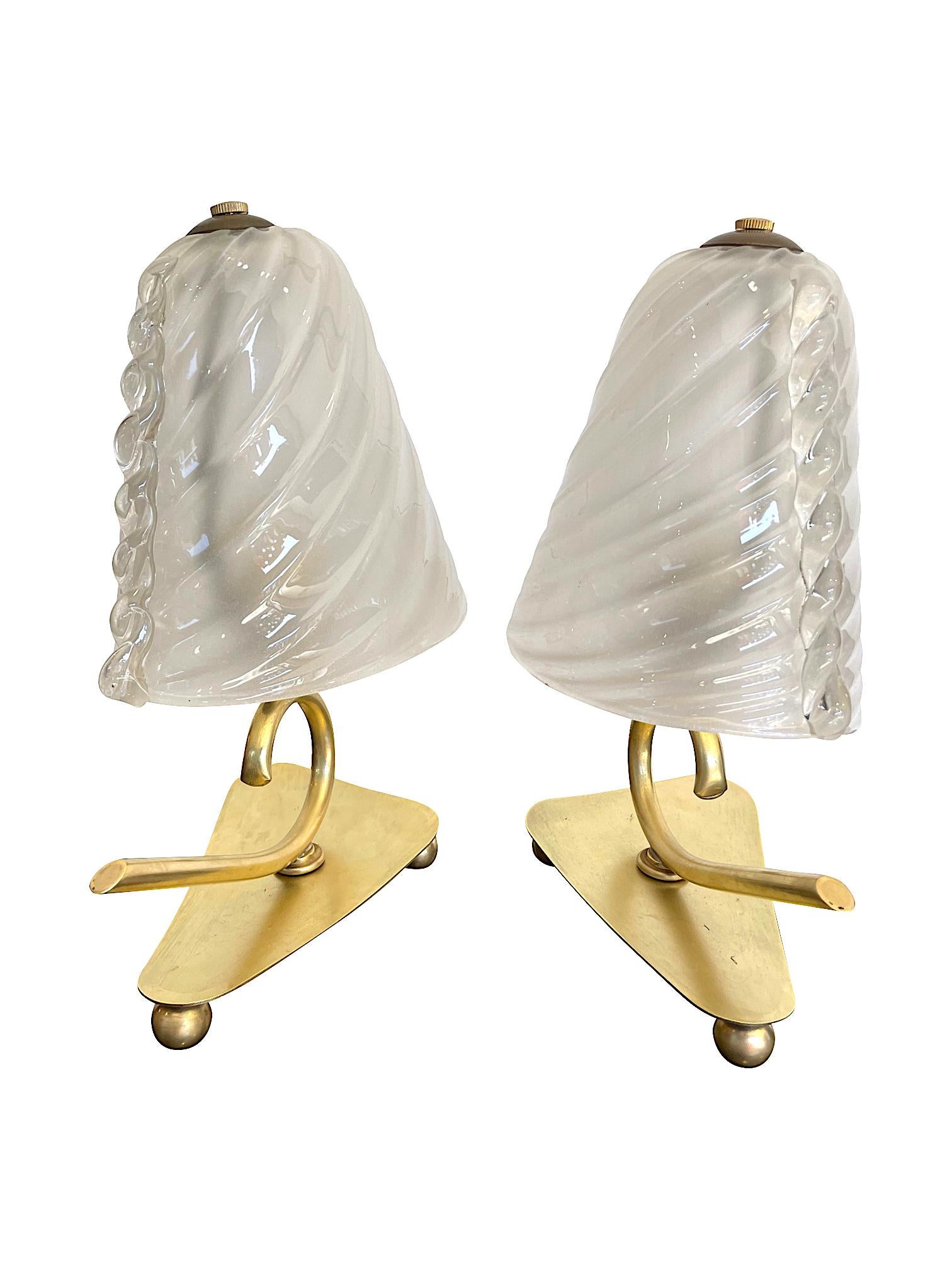 Lovely Pair of Baroivier 1960s Italian Brass Lamps with Murano Glass Shades 6