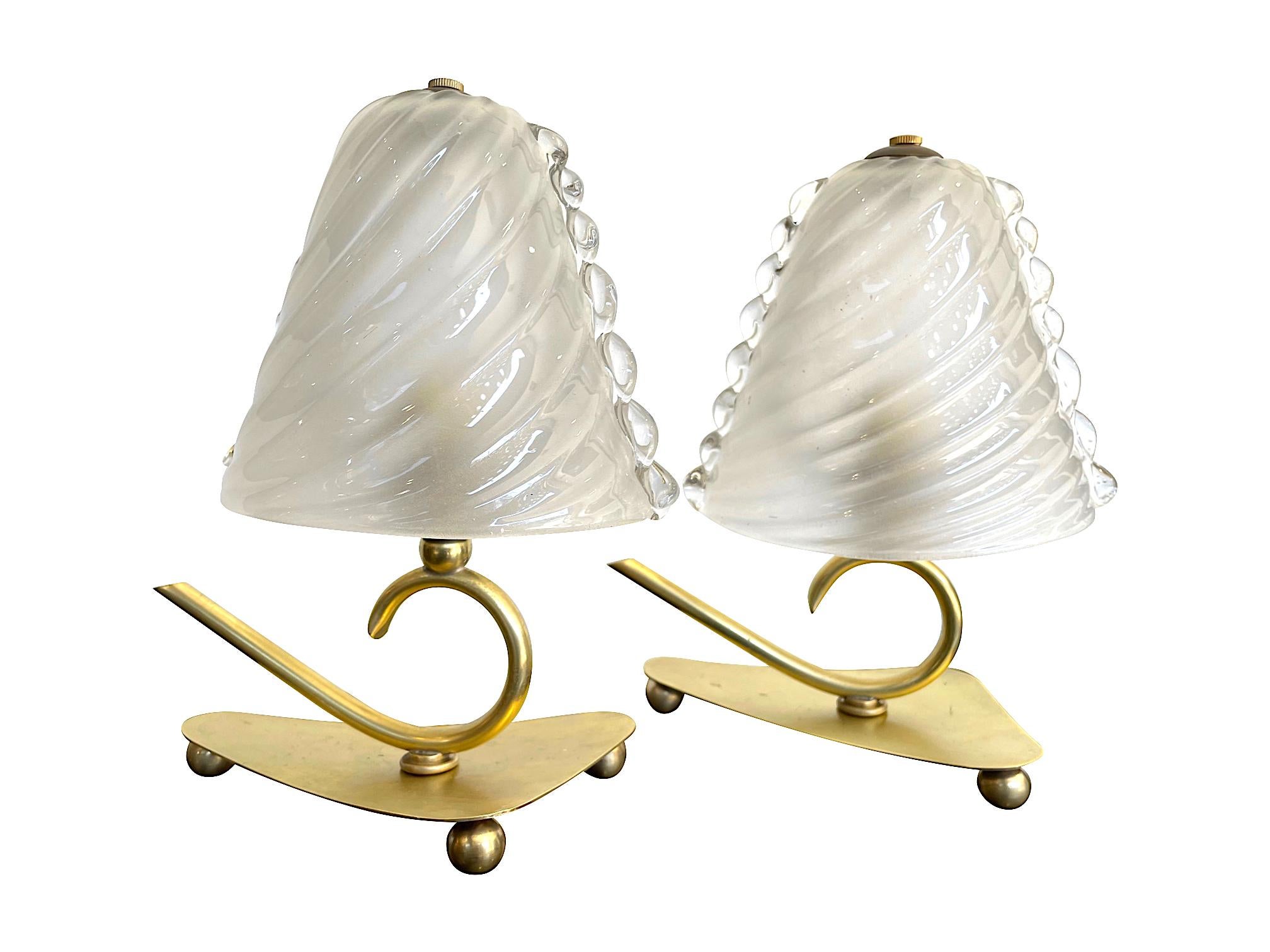 Lovely Pair of Baroivier 1960s Italian Brass Lamps with Murano Glass Shades 7