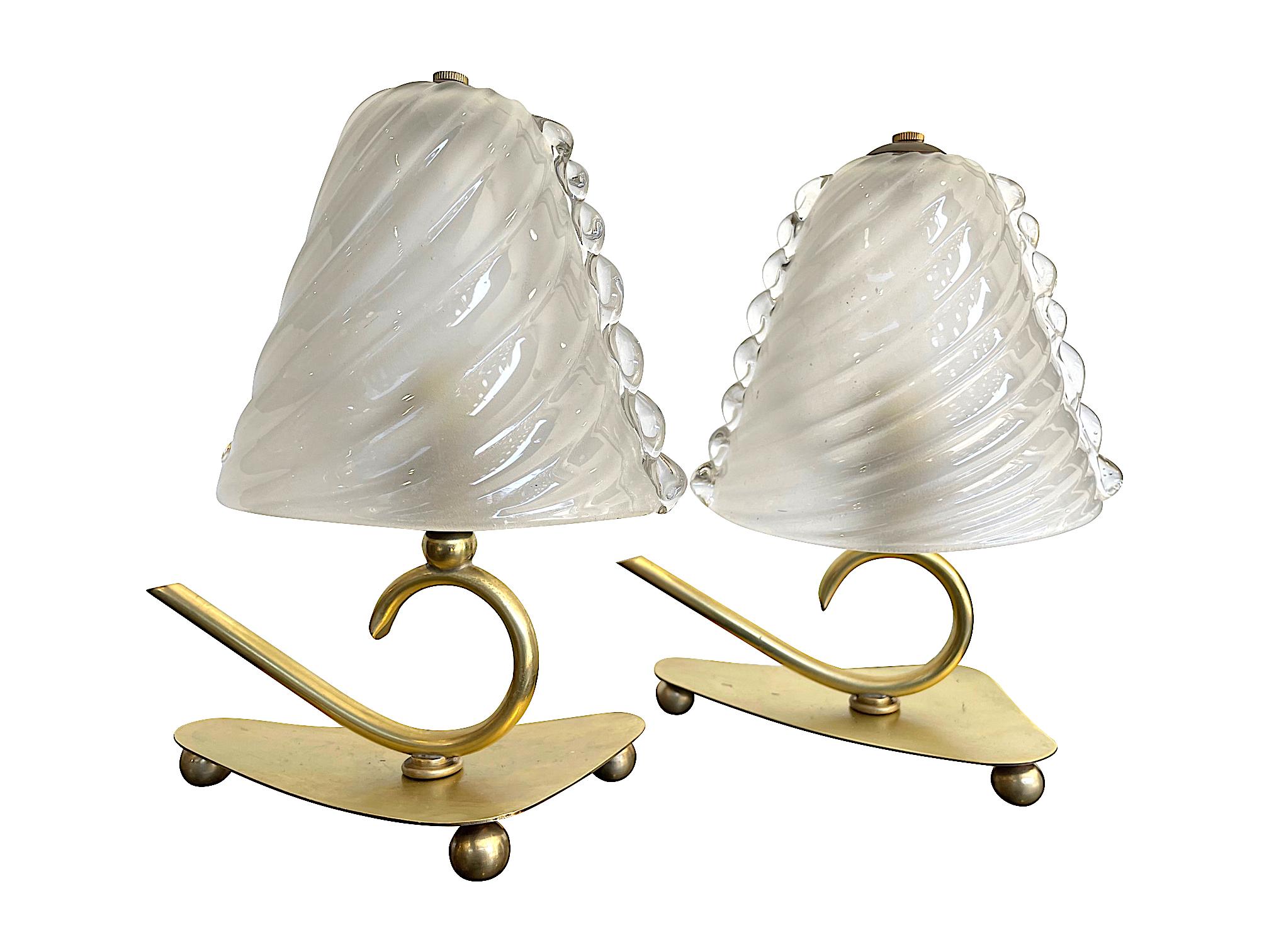 Lovely Pair of Baroivier 1960s Italian Brass Lamps with Murano Glass Shades 8