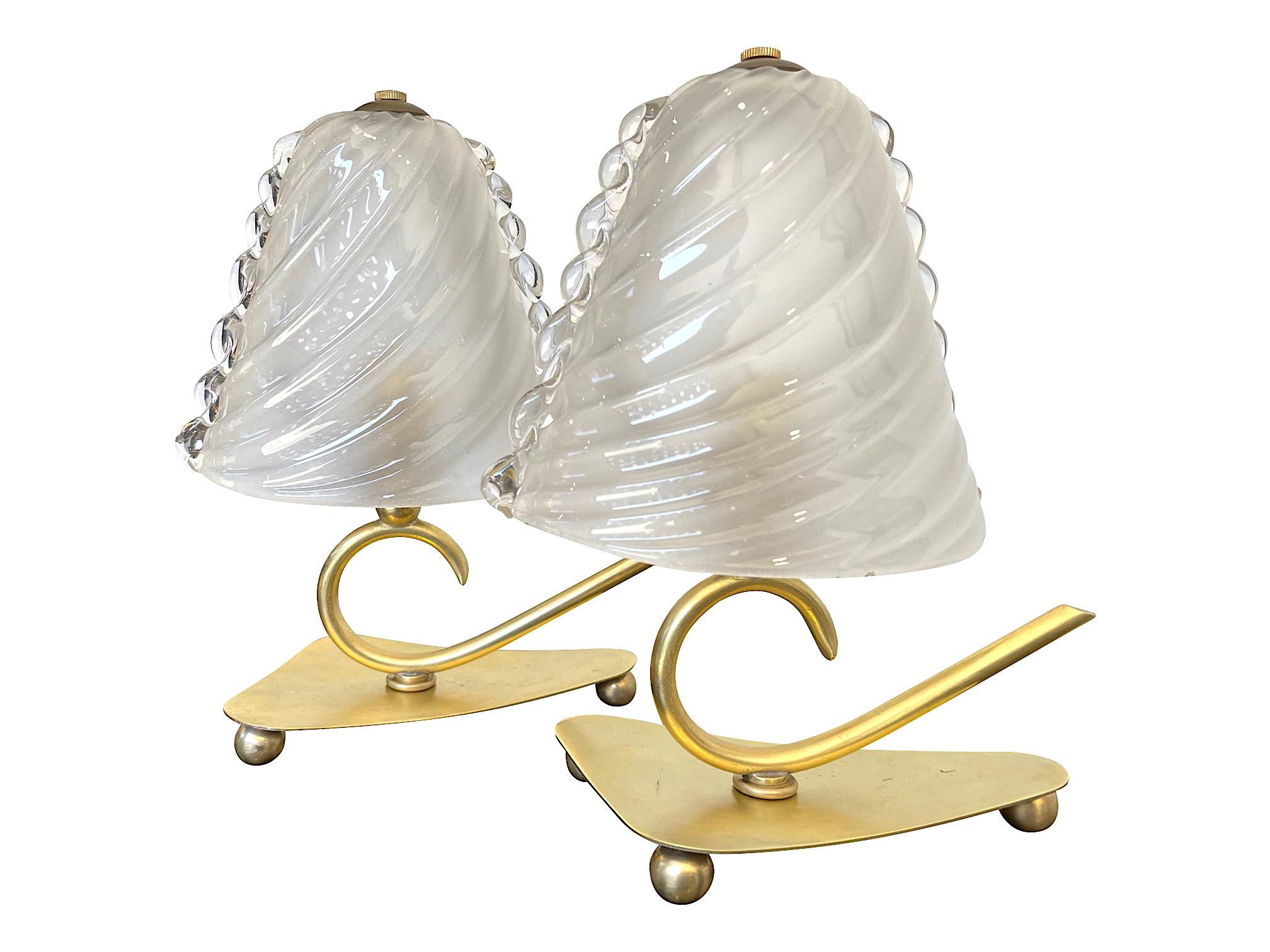 Lovely Pair of Baroivier 1960s Italian Brass Lamps with Murano Glass Shades 9