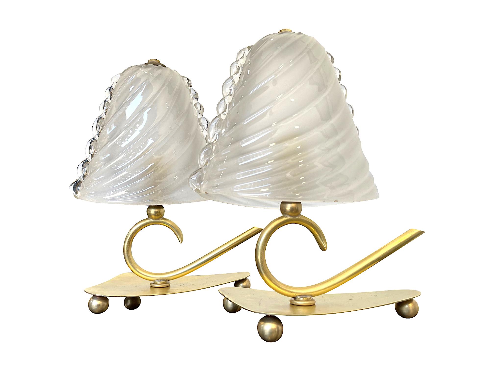 Lovely Pair of Baroivier 1960s Italian Brass Lamps with Murano Glass Shades 10