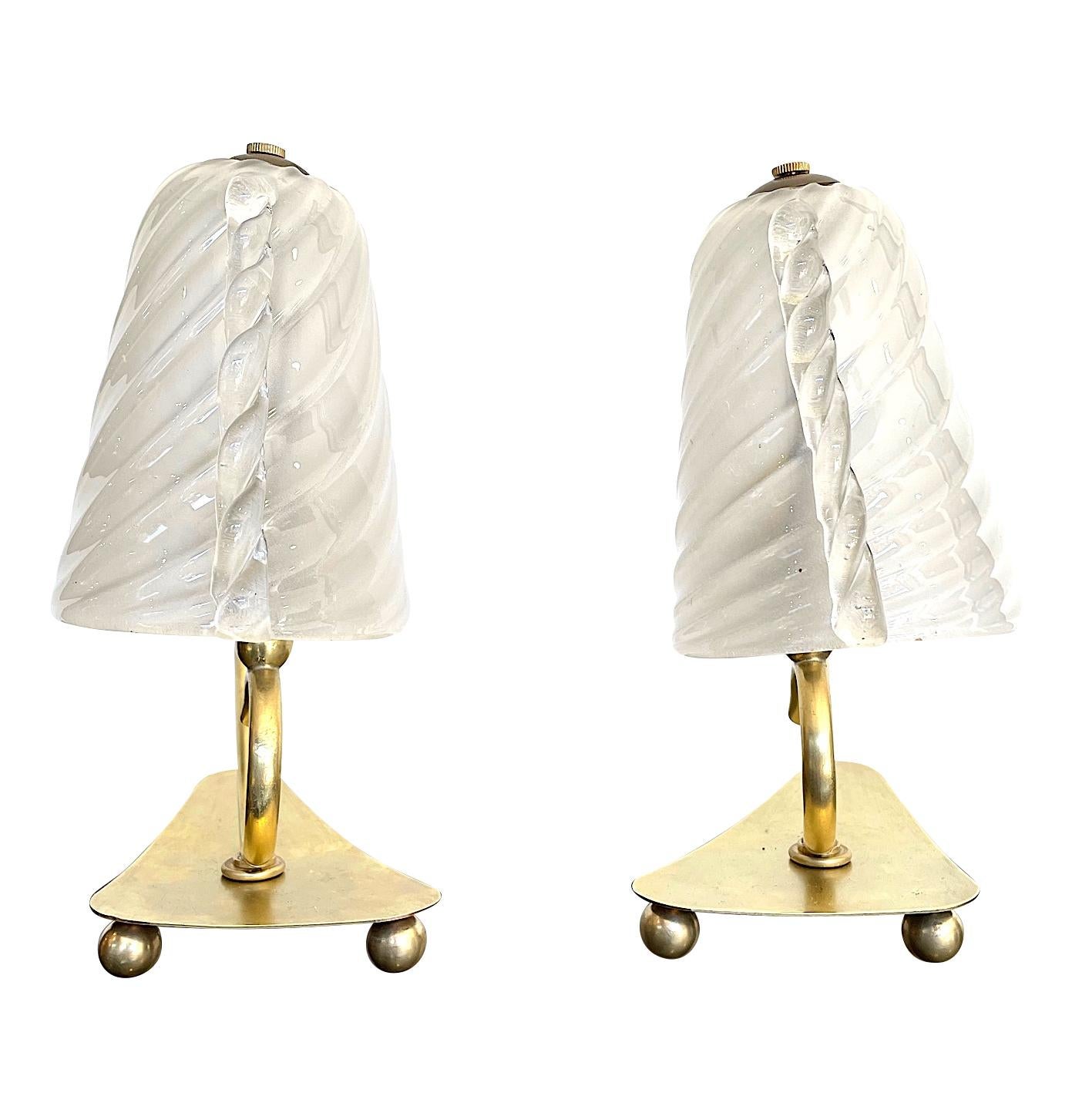 Mid-Century Modern Lovely Pair of Baroivier 1960s Italian Brass Lamps with Murano Glass Shades