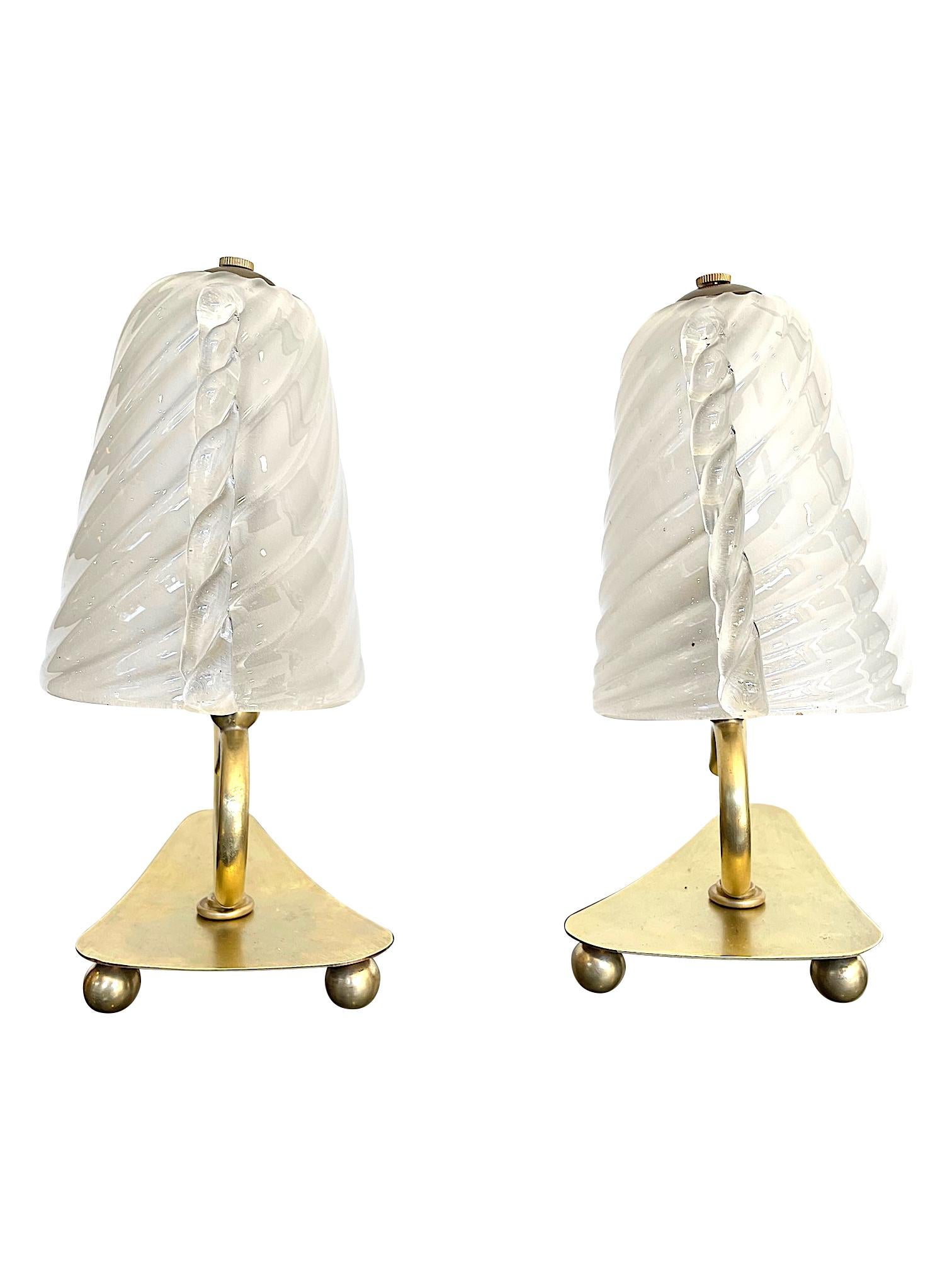 Lovely Pair of Baroivier 1960s Italian Brass Lamps with Murano Glass Shades 1