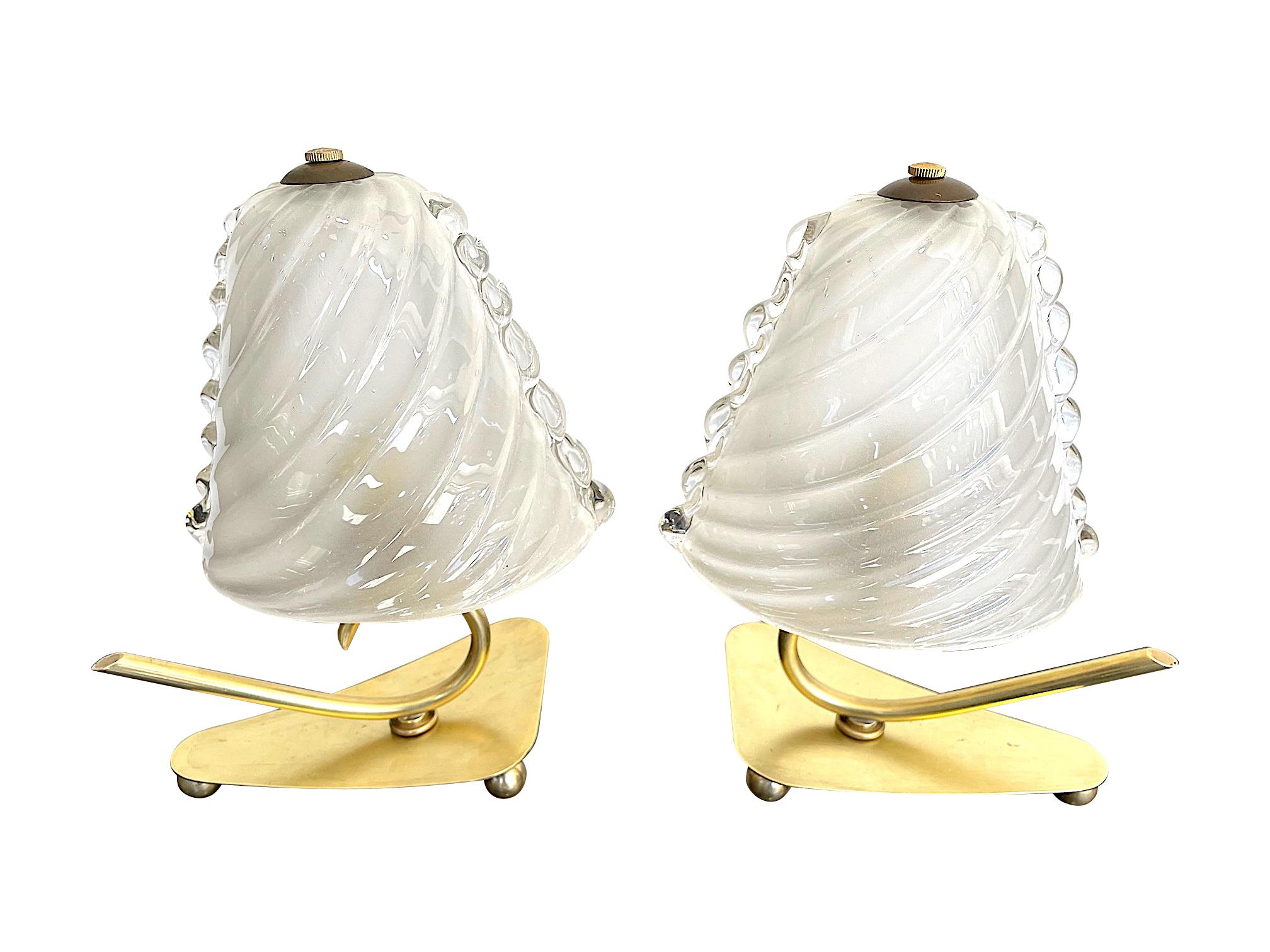 Lovely Pair of Baroivier 1960s Italian Brass Lamps with Murano Glass Shades 2