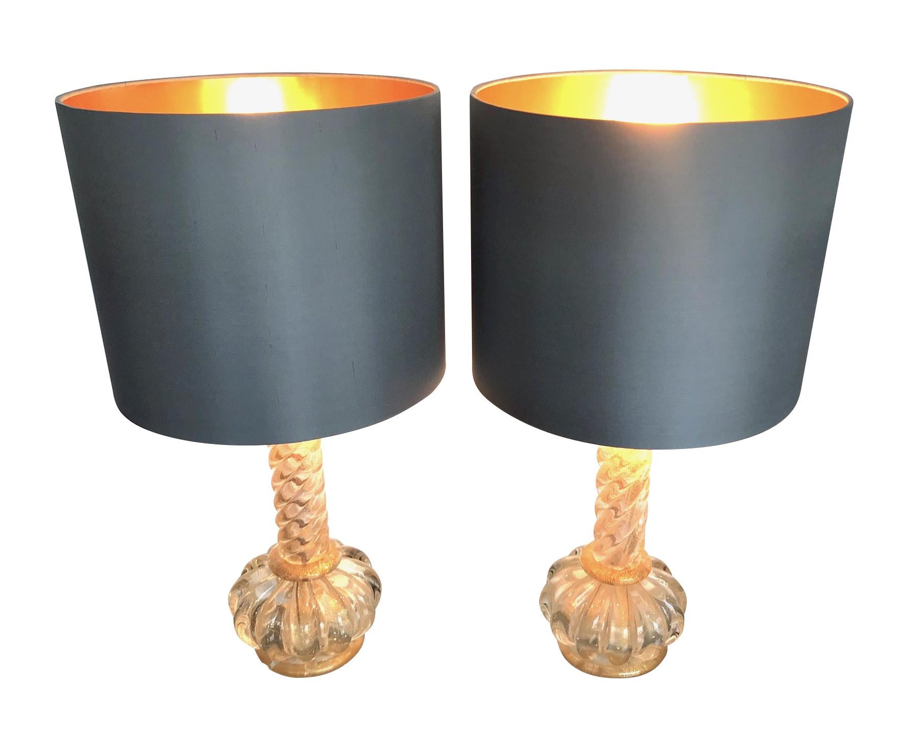 Mid-Century Modern Lovely Pair of Barovier and Toso Gold Leaf Murano Glass Lamps