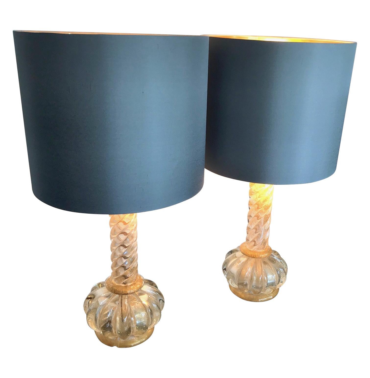 Italian Lovely Pair of Barovier and Toso Gold Leaf Murano Glass Lamps