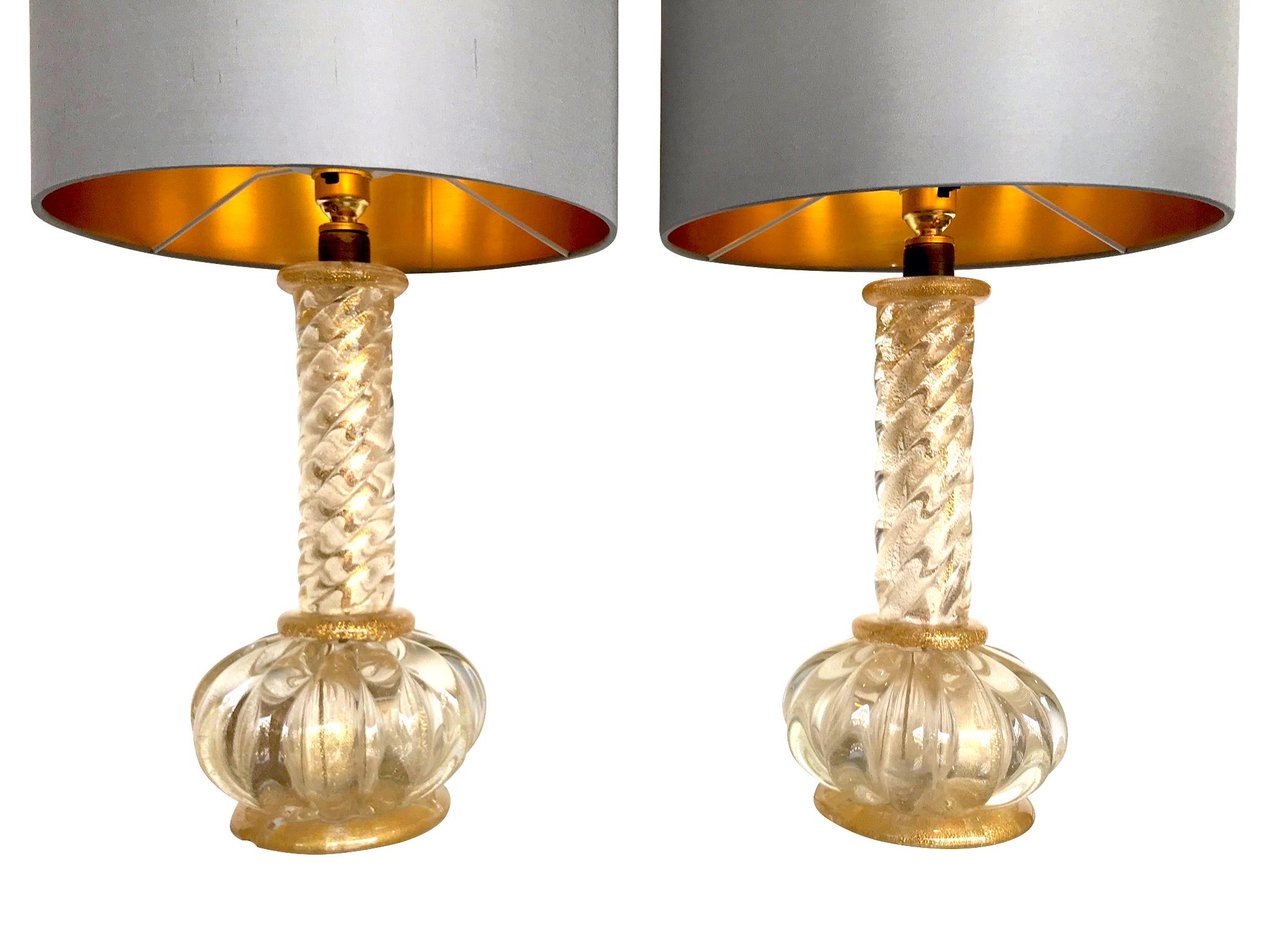 Lovely Pair of Barovier and Toso Gold Leaf Murano Glass Lamps In Good Condition In London, GB