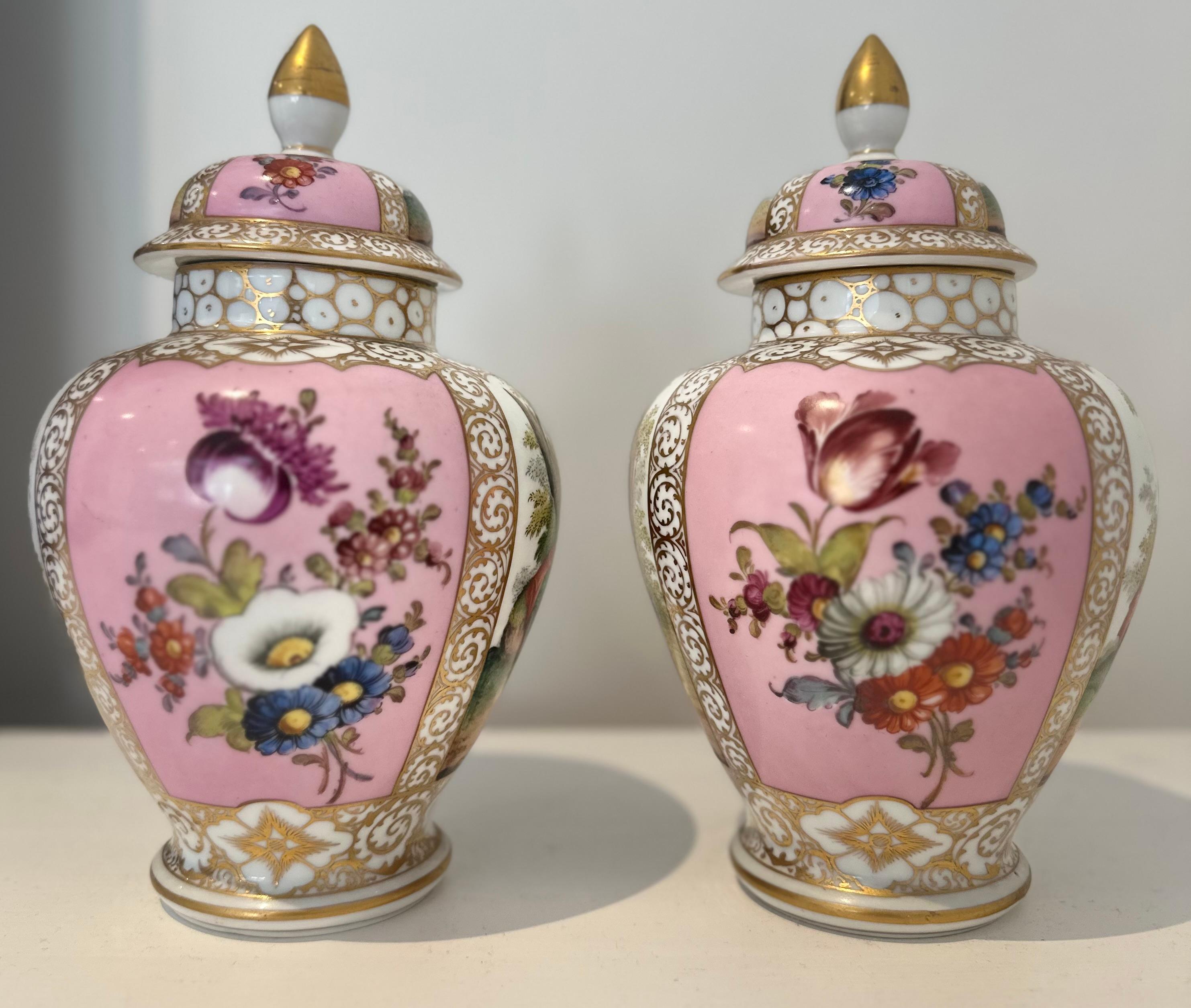 A lovely pair of Dresden porcelain lined vases For Sale 2