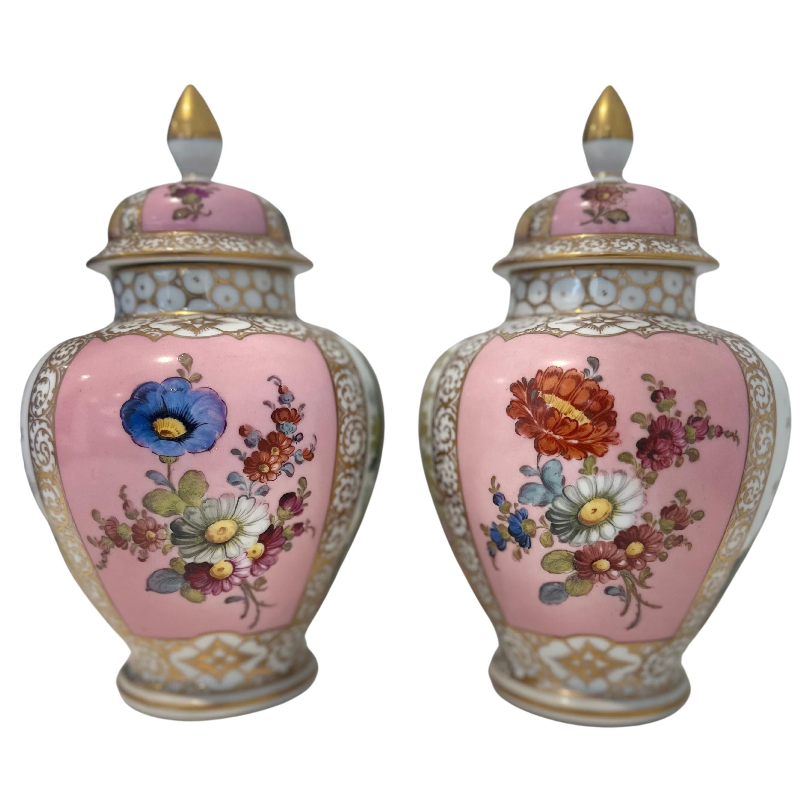 A lovely pair of Dresden porcelain lined vases For Sale
