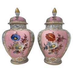 A lovely pair of Dresden porcelain lined vases