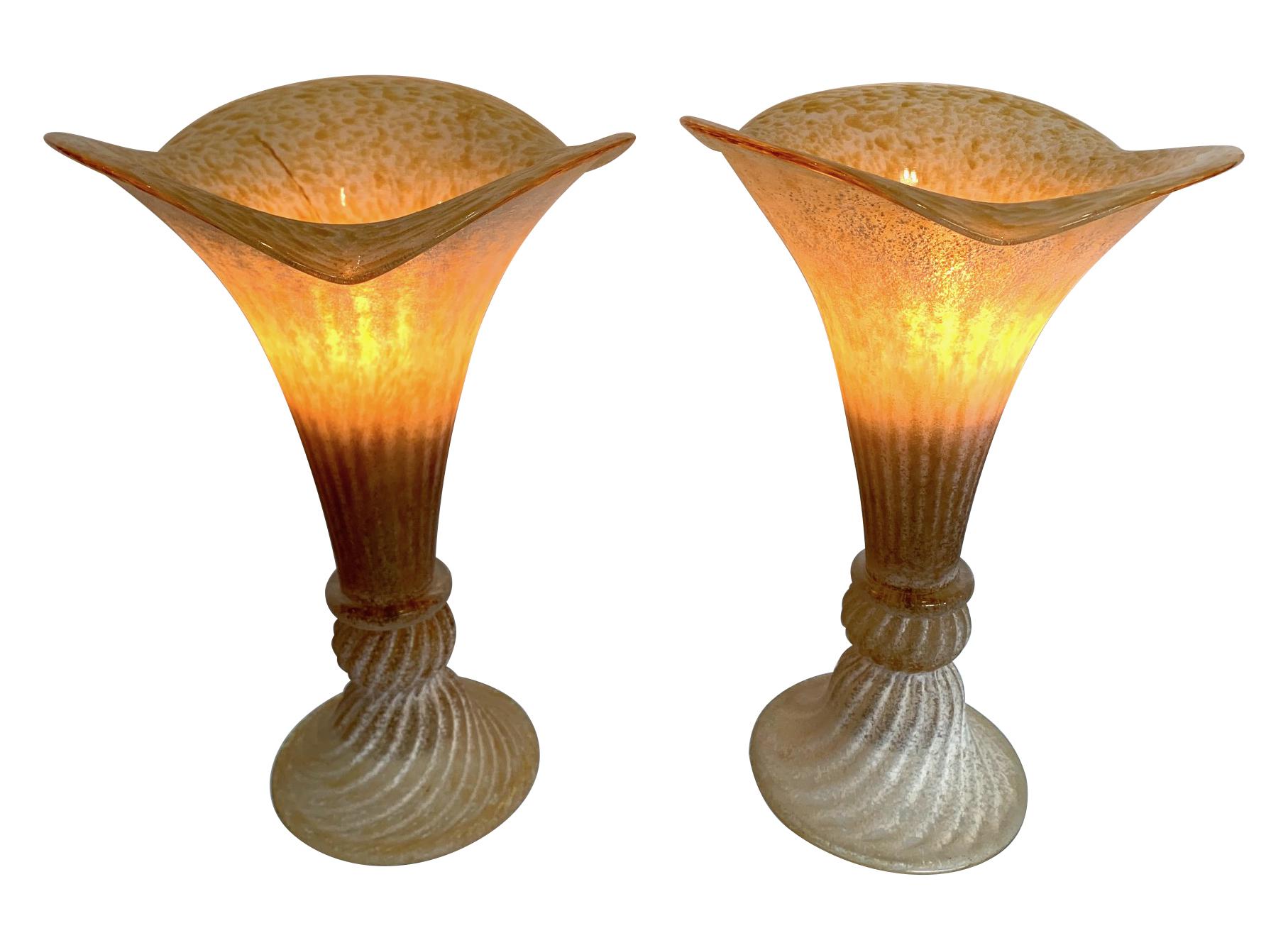 Lovely Pair of Fluted Murano Glass Lamps with Mottled, Ribbed Finish 4