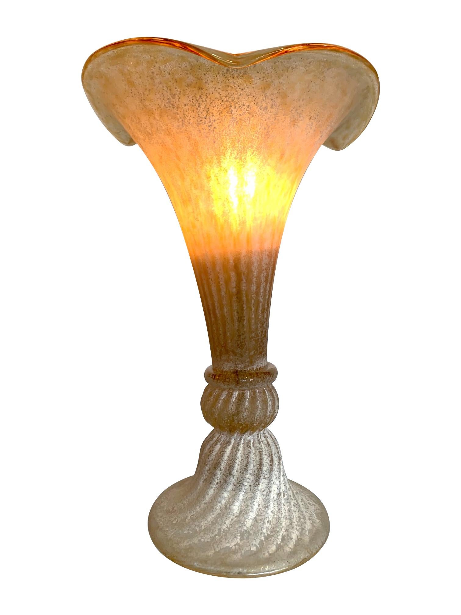 Lovely Pair of Fluted Murano Glass Lamps with Mottled, Ribbed Finish 5