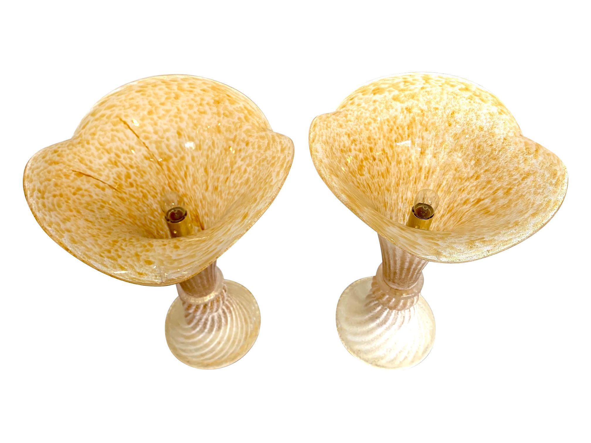 Lovely Pair of Fluted Murano Glass Lamps with Mottled, Ribbed Finish 1