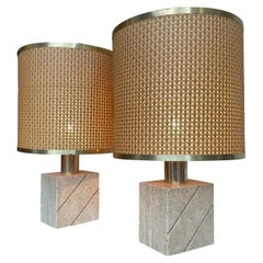 Lovely Pair of Italian 1970s Travertine and Brass Lamps by Frateli Manneli