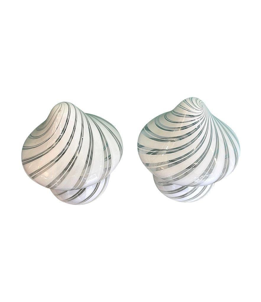 A lovely pair of Italian 1970s Venini mushroom lamps with white swirl pattern 5