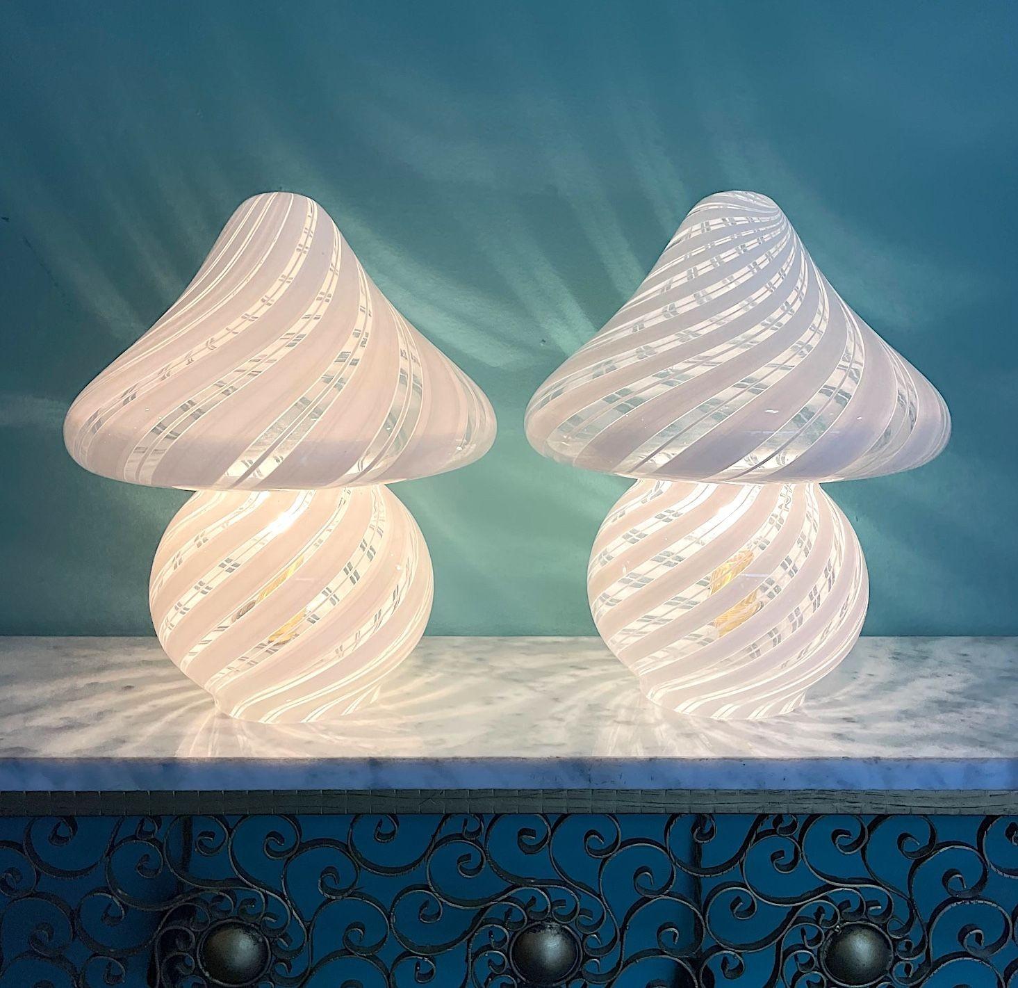 A lovely pair of Italian 1970s Venini mushroom lamps with white swirl pattern 7